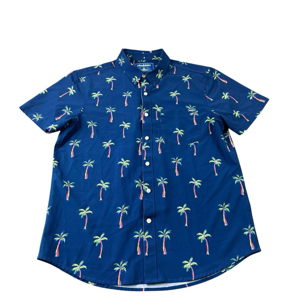 Chubbies Mens Performance Palm Tree AOP SS Button Front Shirt Blue Medium 4709